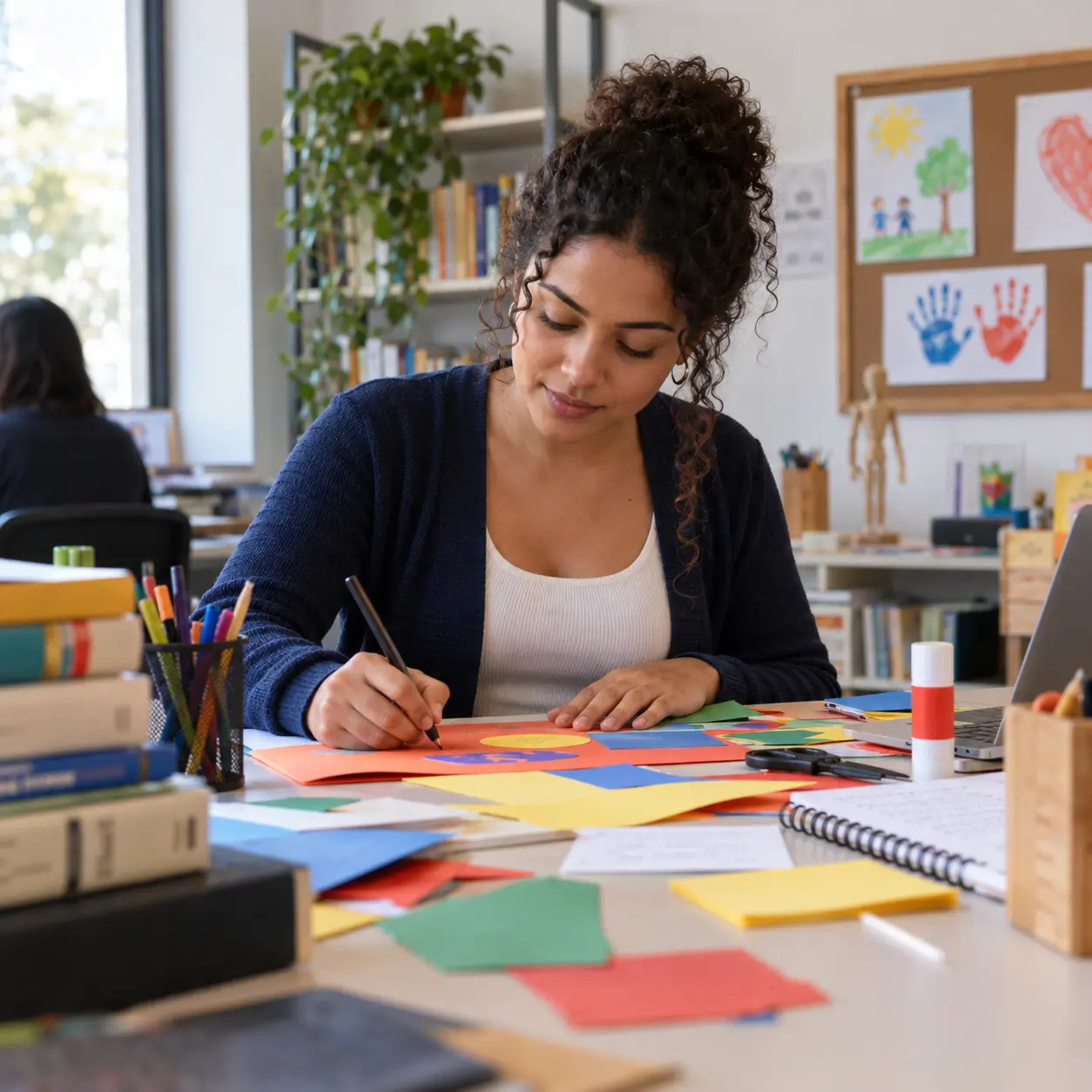 Estudante de Pedagogia preparando materiais educativos